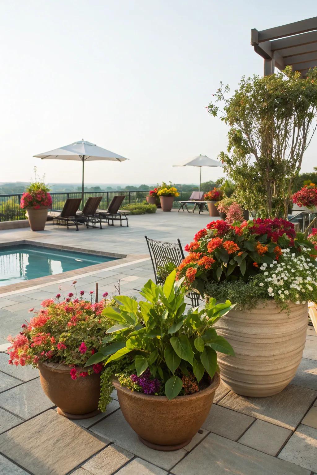 Fill your pool patio with life using a range of planted containers.