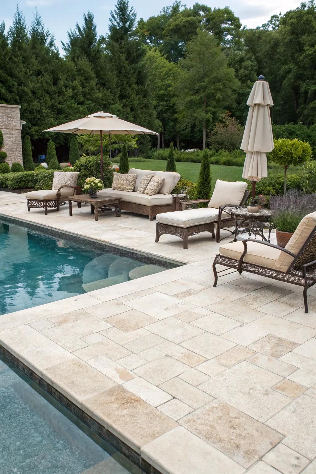 Travertine paving stones offer a classic and cool surface for your pool deck.