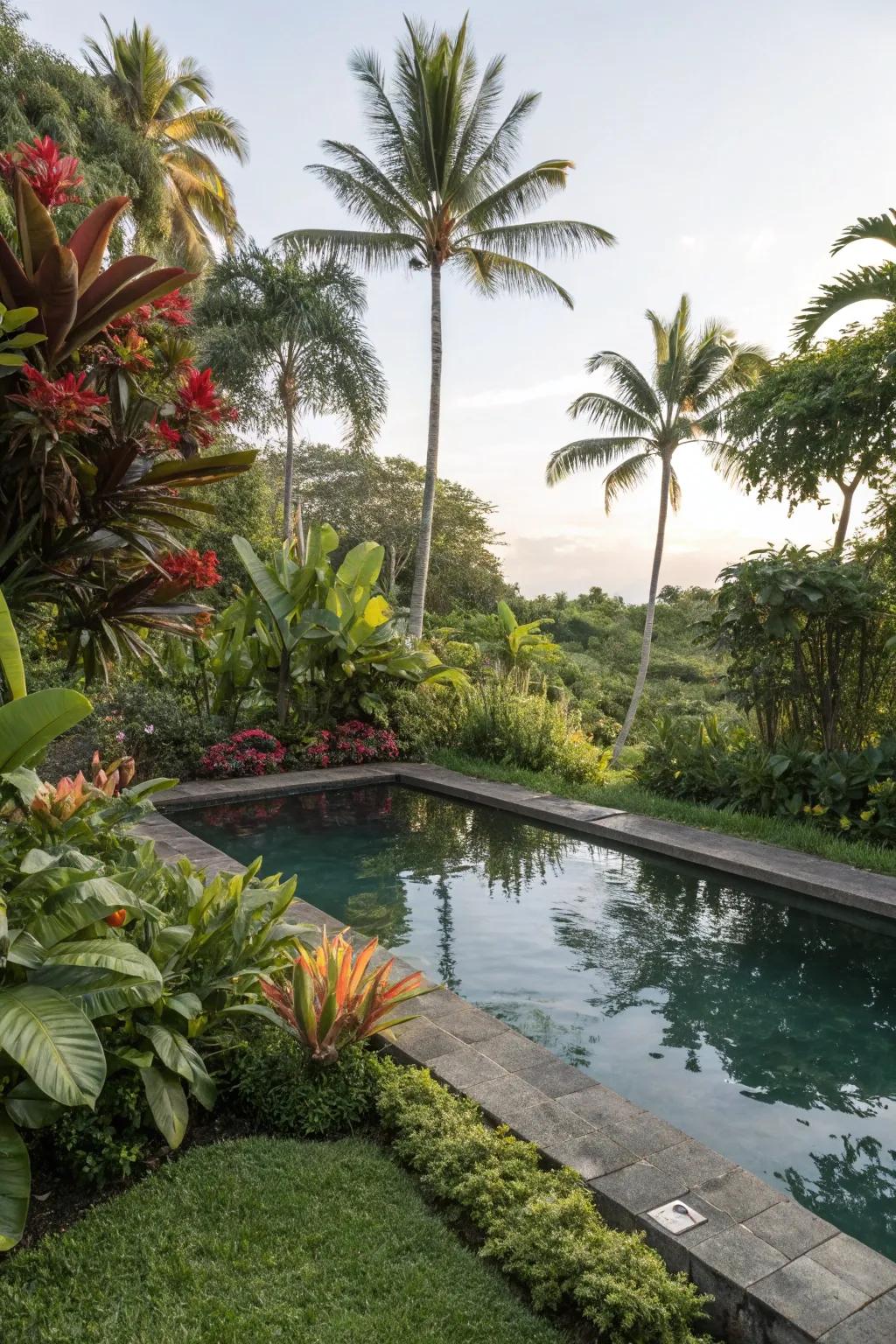 A pool pond displaying a tropical theme and lush greenery.