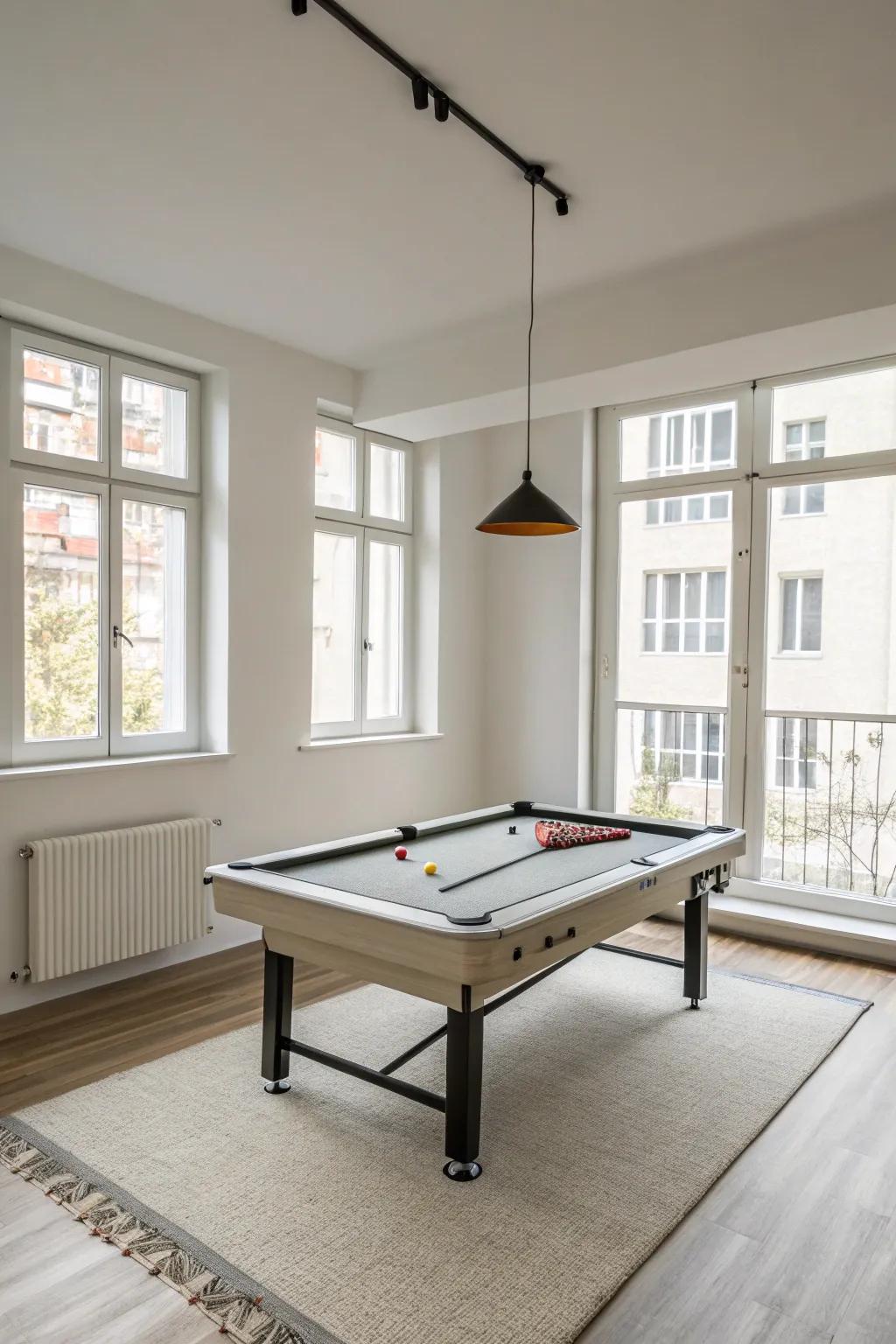 A foldable billiard table delivers versatility and space-conserving benefits within a smaller room.
