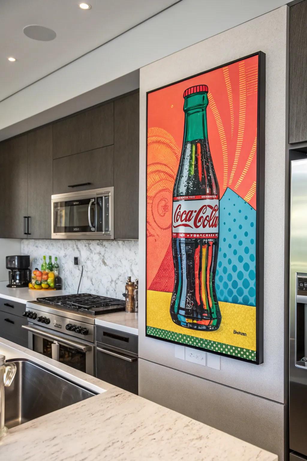 A whimsical pop art painting of a soda bottle adds charm to the kitchen.