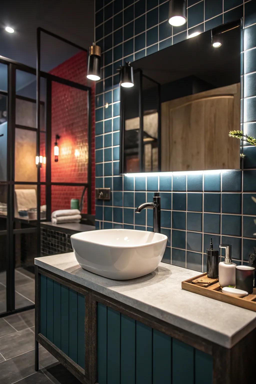 A bold accent wall injects drama and character into this fashionable bathroom.