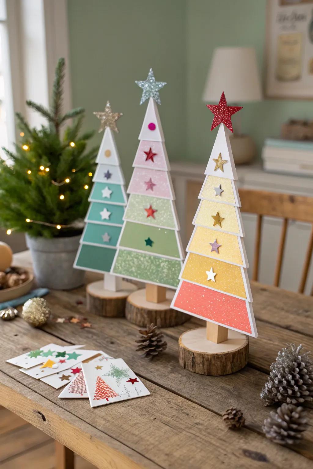 Eco-friendly paint chip trees, adding color and creativity to holiday decor.