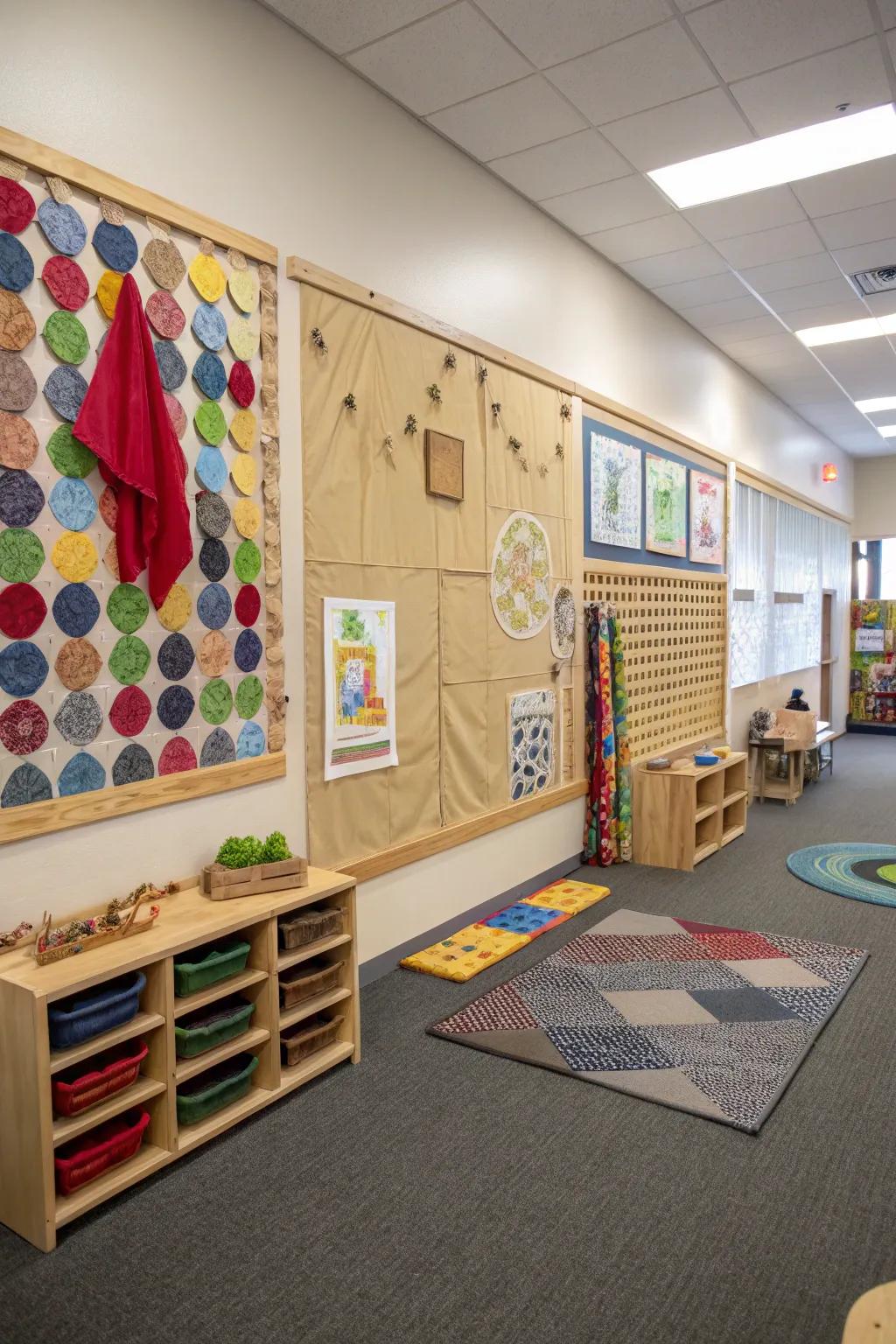 Walls with tactile components enabling sensory exploration.