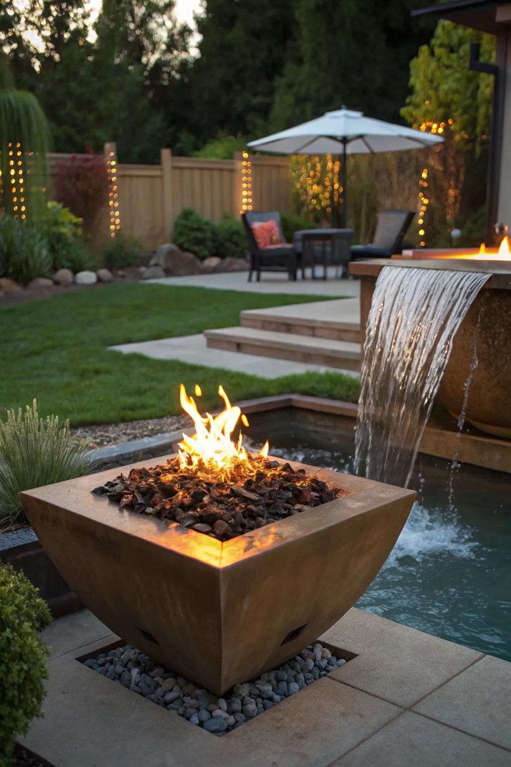 Craft a vibrant focal point with a propane fire pit that also contains a water feature.