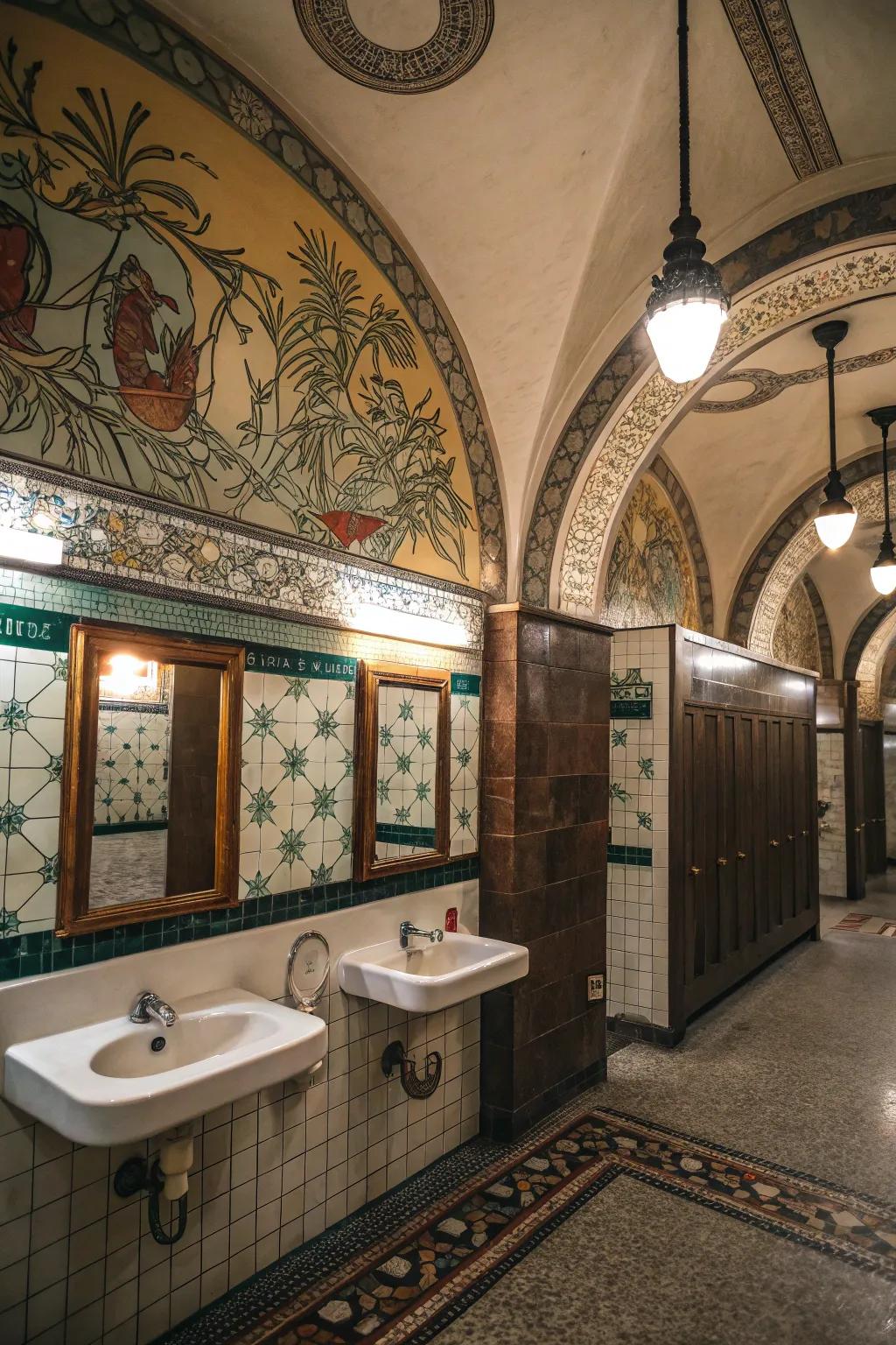 Creative accents add memorable visual appeal to shared restrooms.