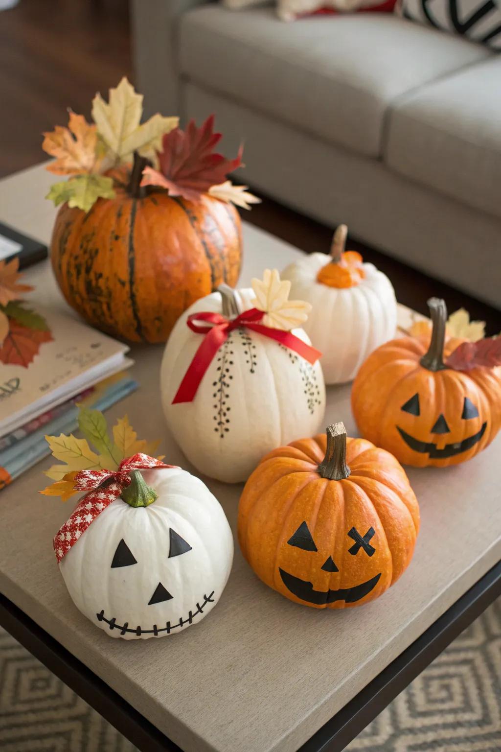 Elevate decor with charming small decorated pumpkins.