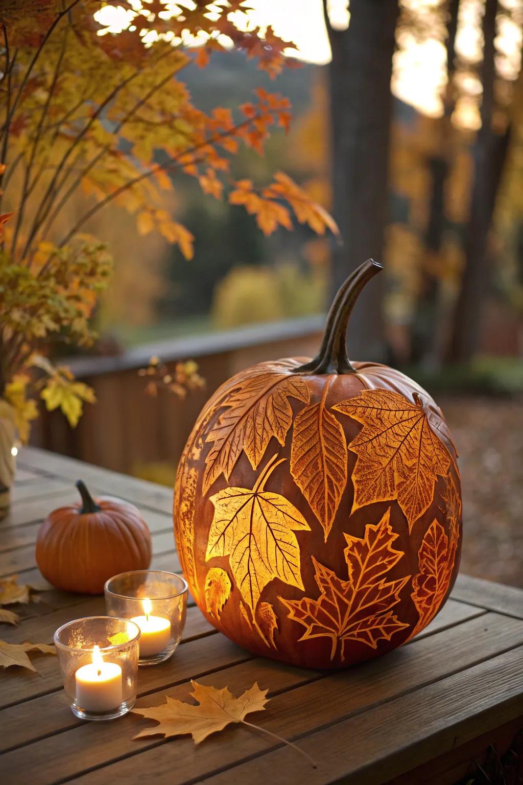 An autumn foliage carved pumpkin contributing seasonal warmth to your decor.
