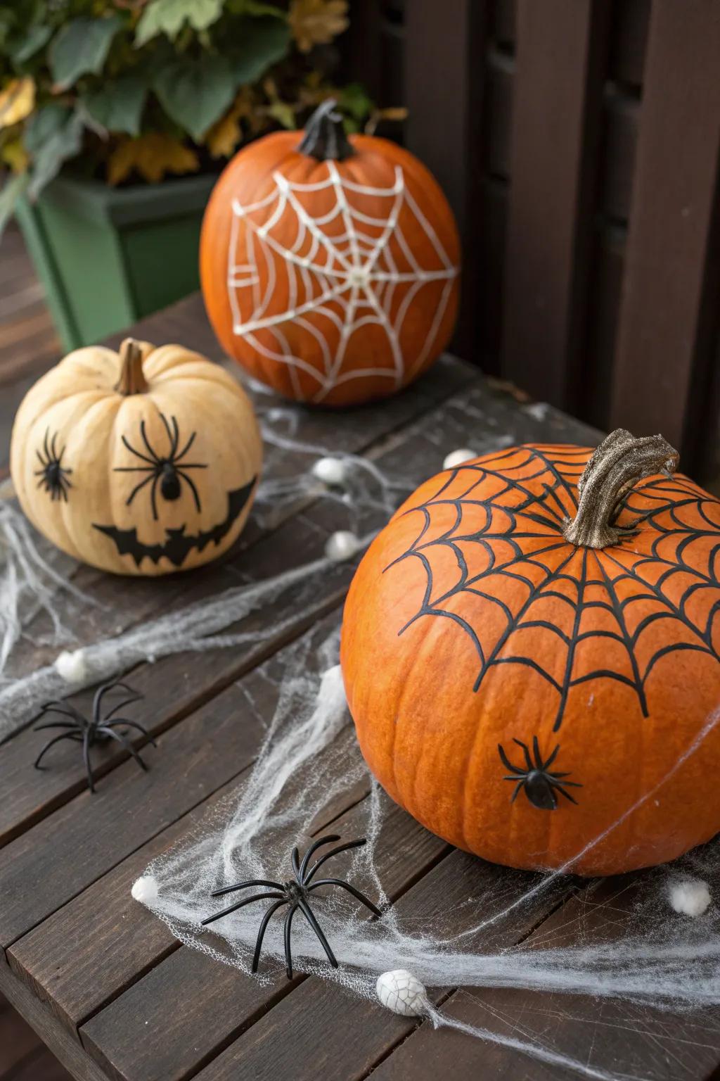 Embrace the Halloween spirit with spooky spider web pumpkins.