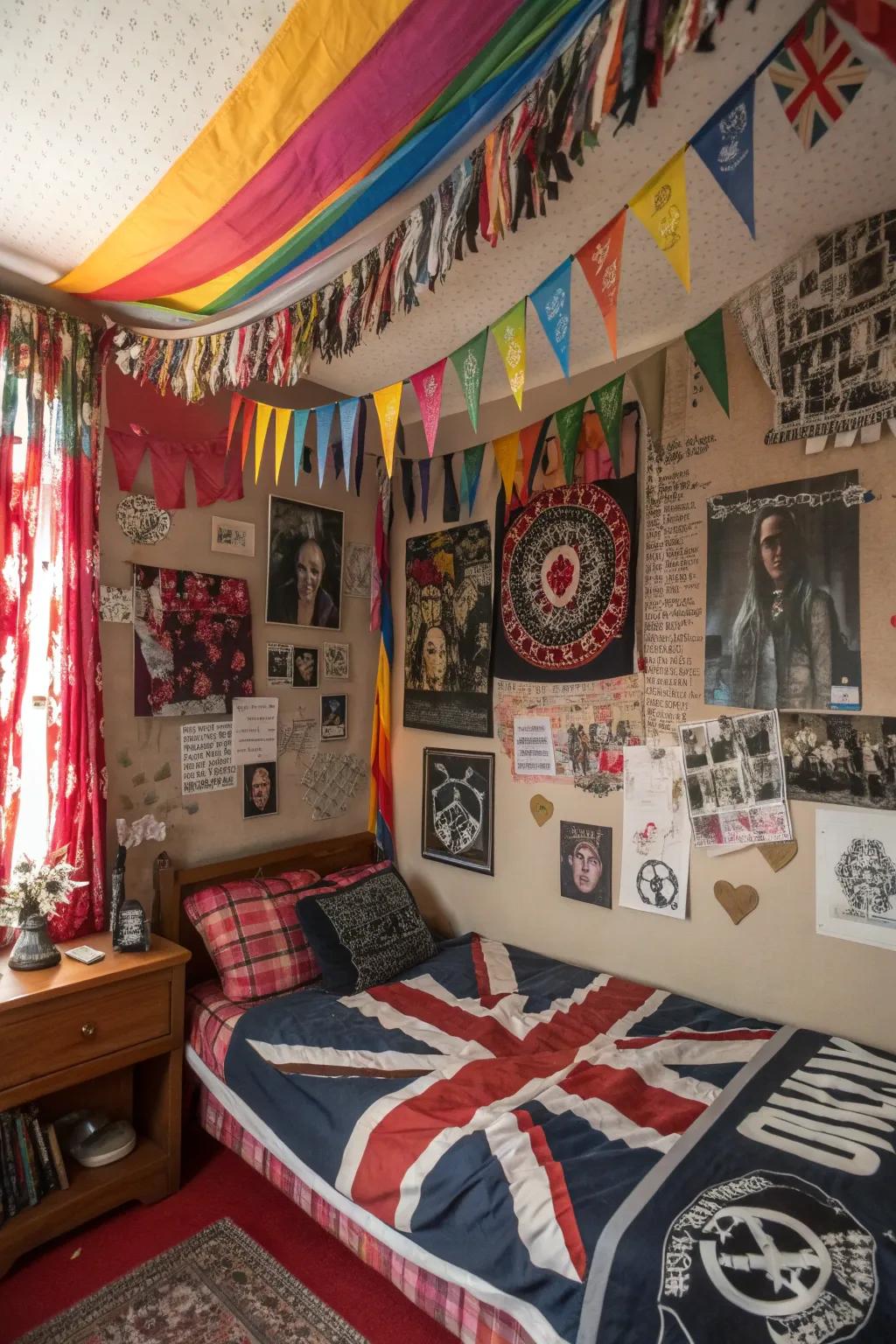 Incorporate dynamic flow and vibrancy through pennants and fabric banners.