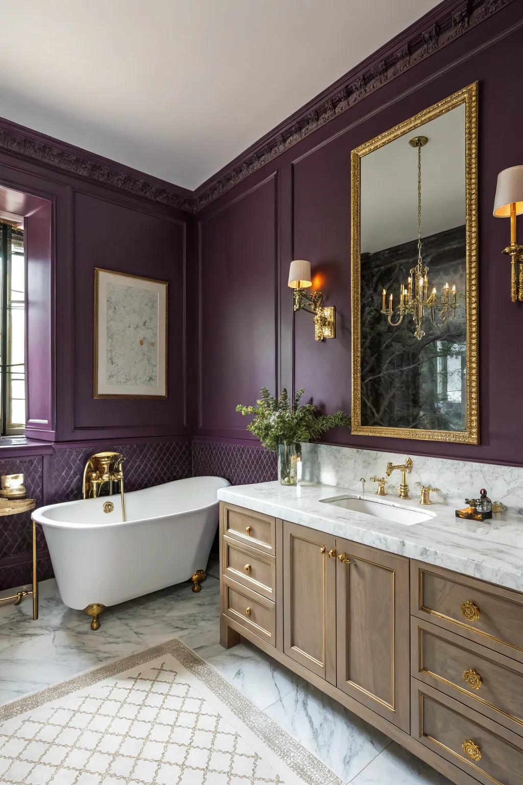 A lavish bathroom features deep purple walls and gold accents.