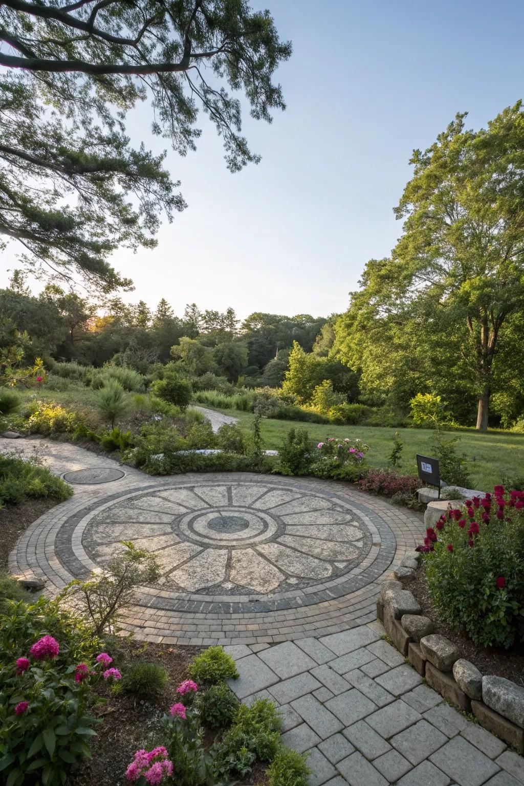 A garden featuring a tranquil radial stone design.