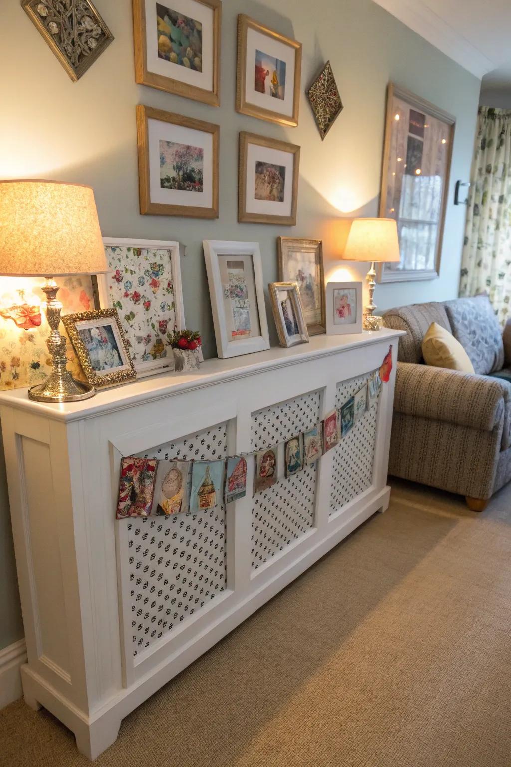 Artwork and photos personalize a radiator concealment, adding character to the room.
