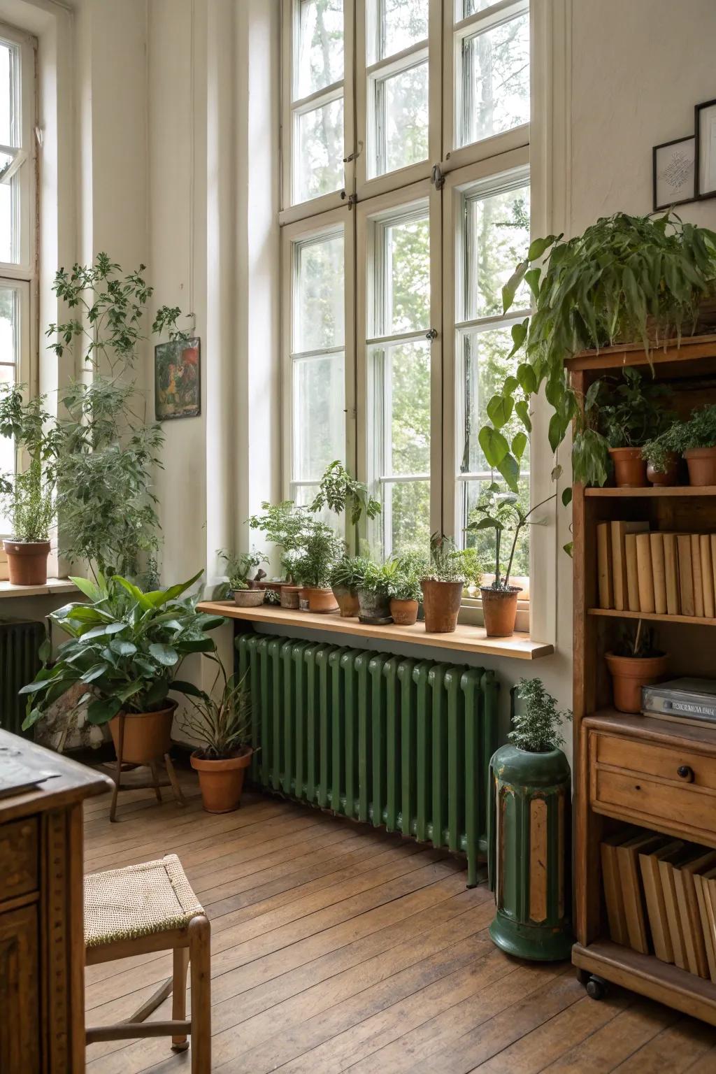 Forest green radiators contribute organic calm.