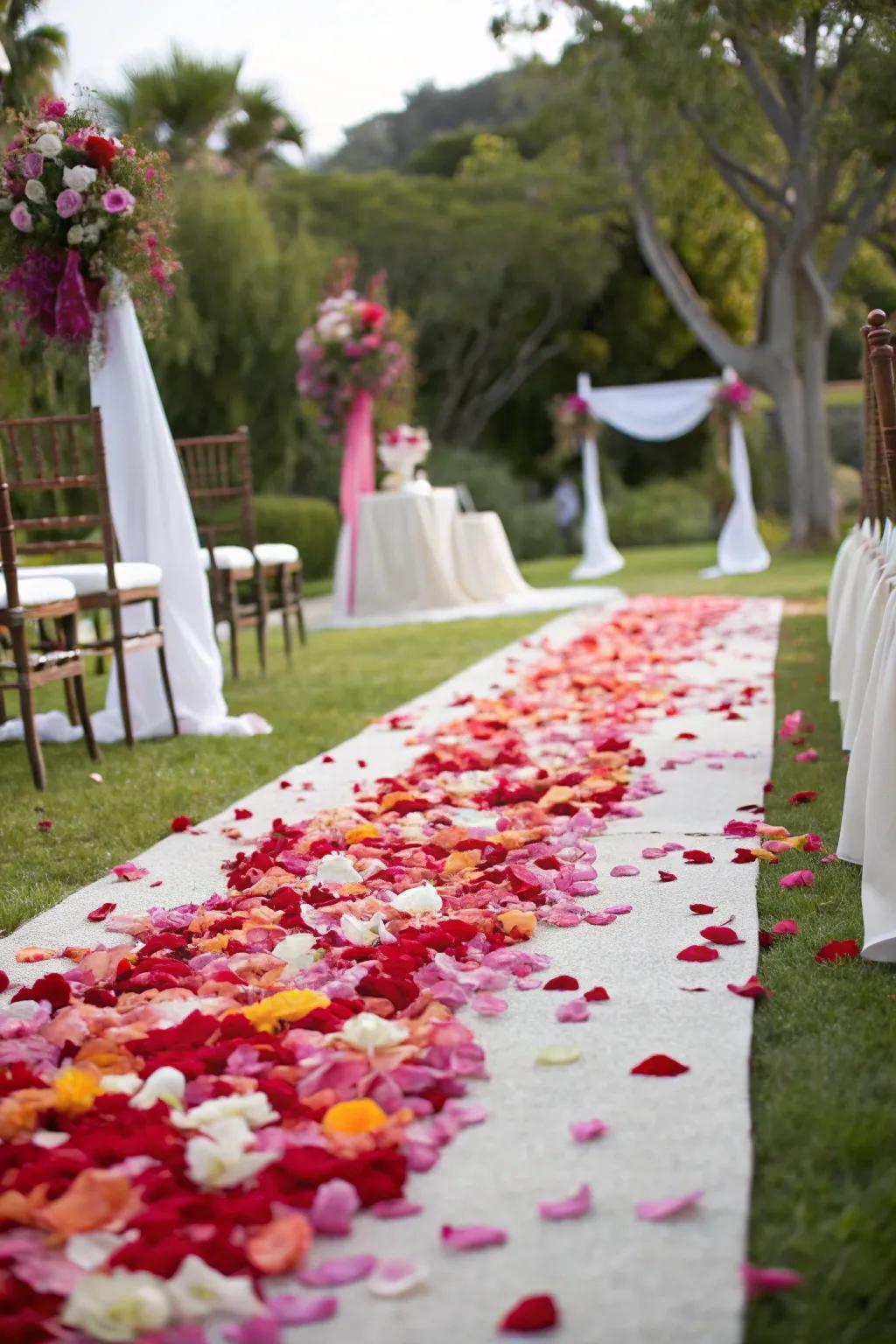 A wedding ceremony path lined with petals in rainbow colors.