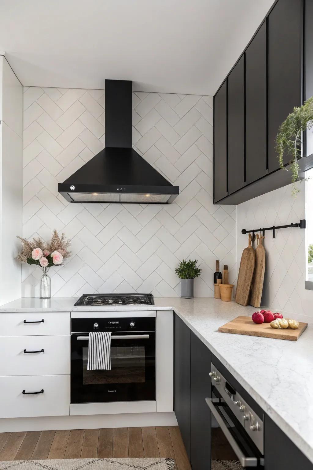 Minimalist kitchen design featuring a monochrome range hood and coordinating backsplash for a sleek vibe.