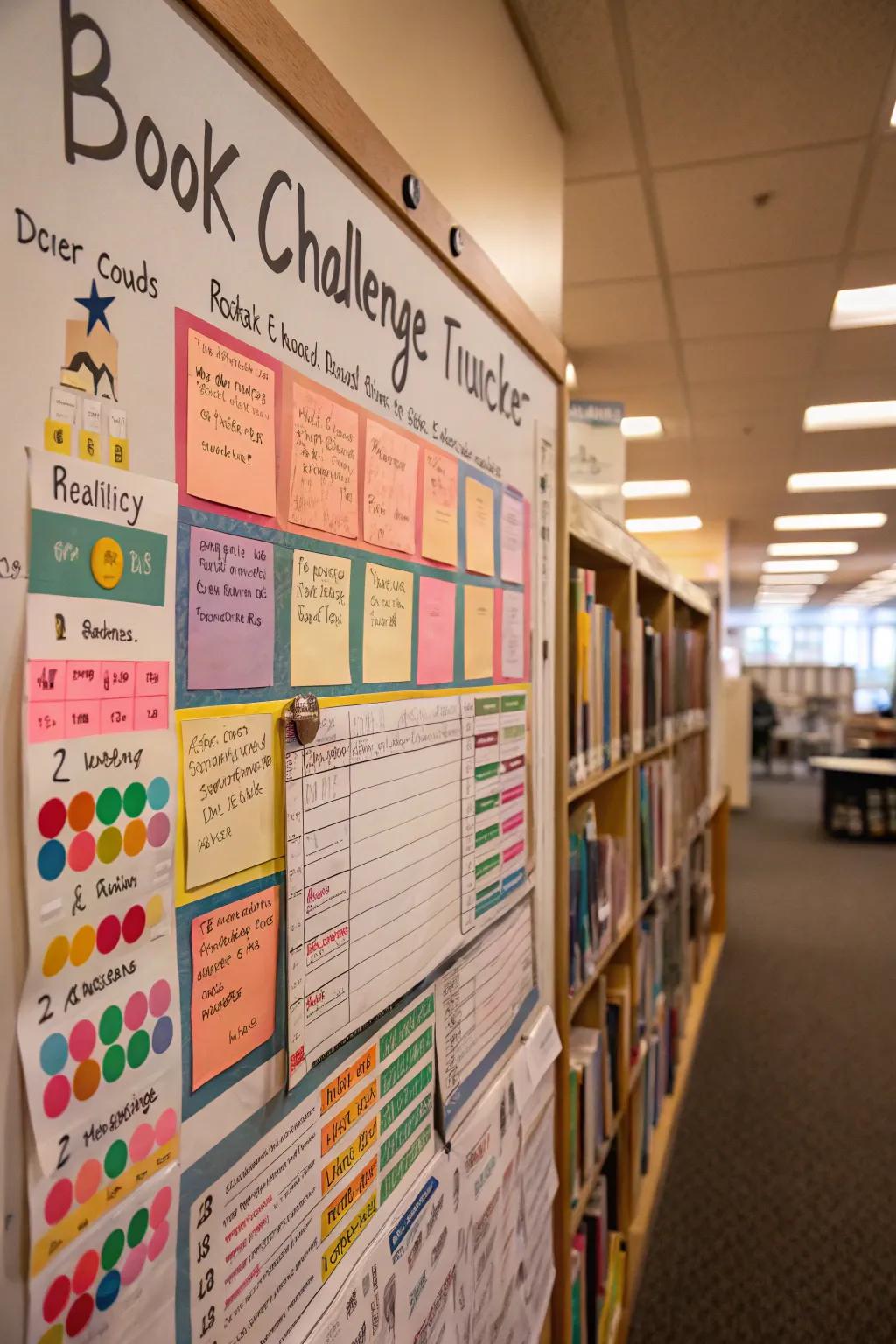 An interactive book challenge board motivates readers to attain their reading objectives.