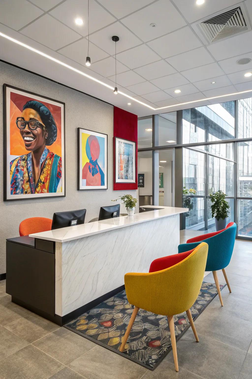 A vibrant reception area featuring colorful accents.