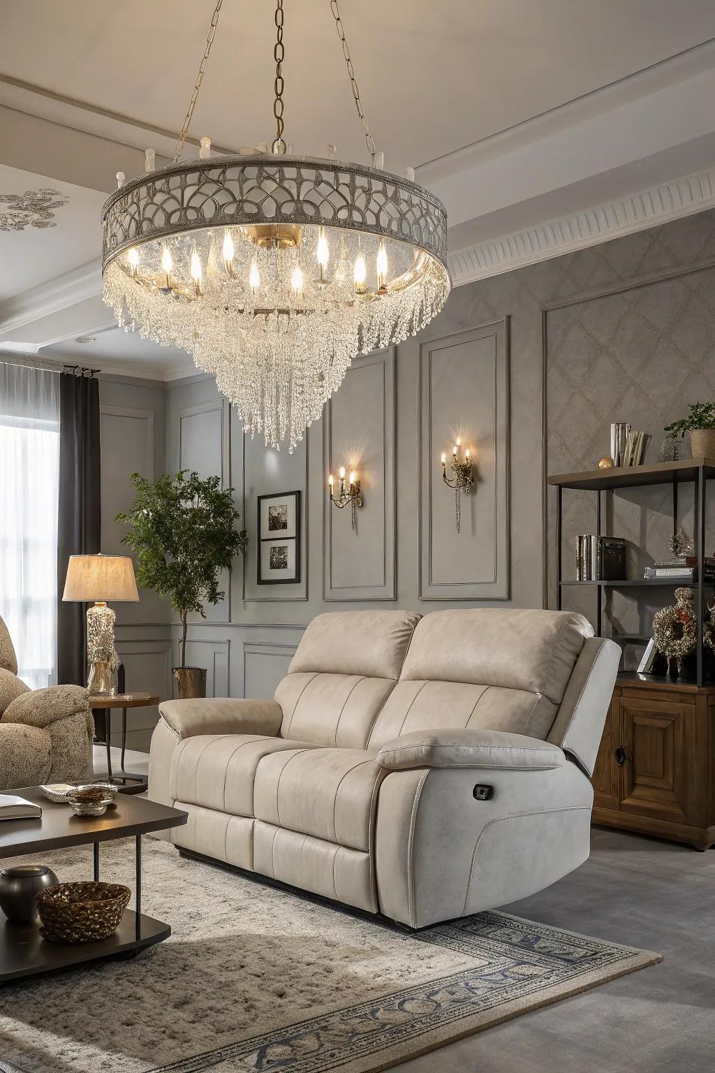 A living room enhanced by a statement lighting fixture over the recliner sofa.
