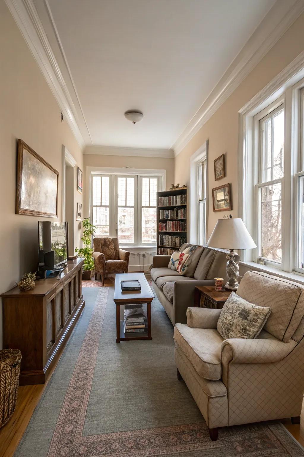 Cross-wise furnishings placement broadens the viewed width of the area.