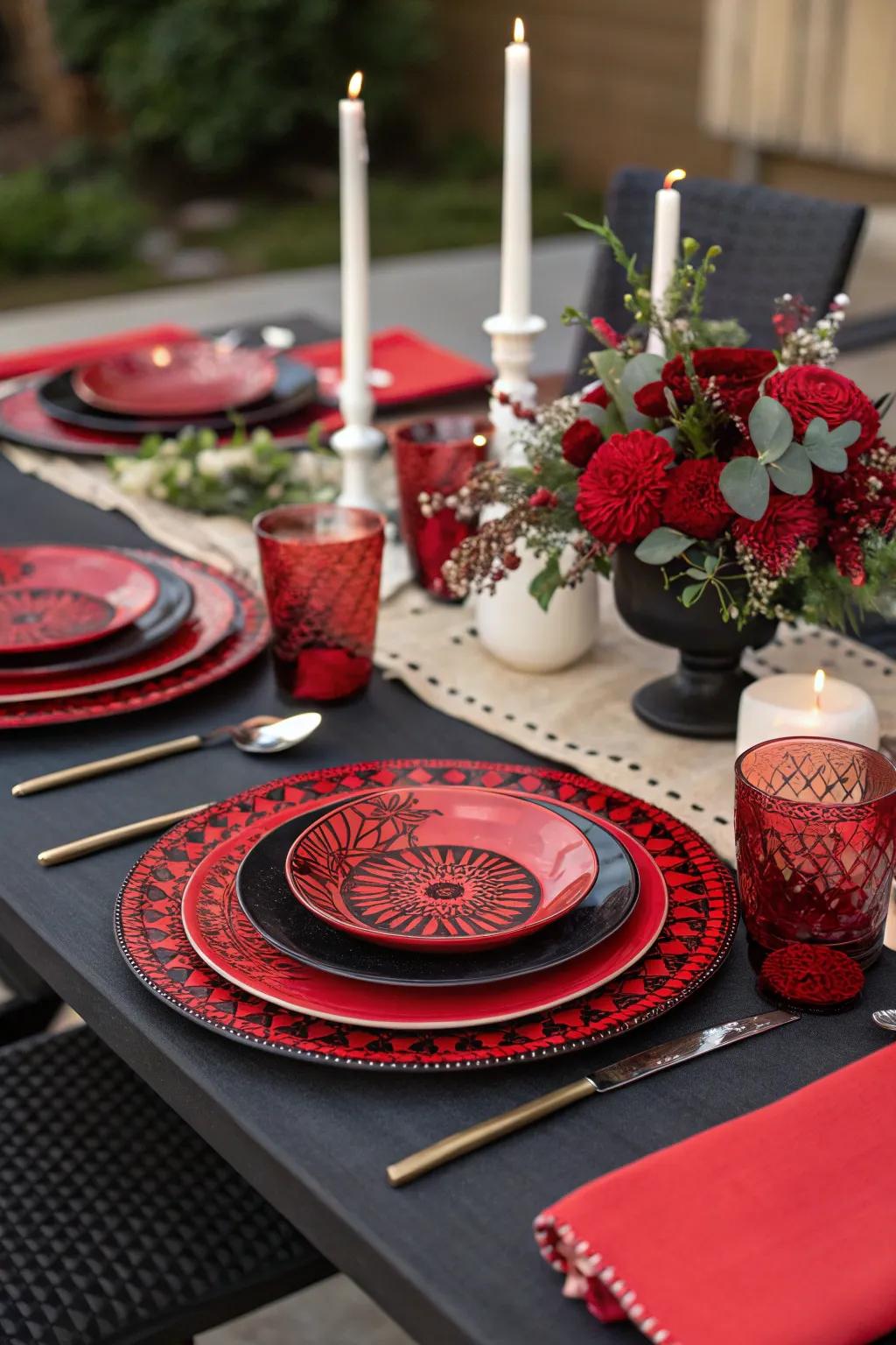 Scarlet and ebony themed tableware perfectly complementing the centerpiece.