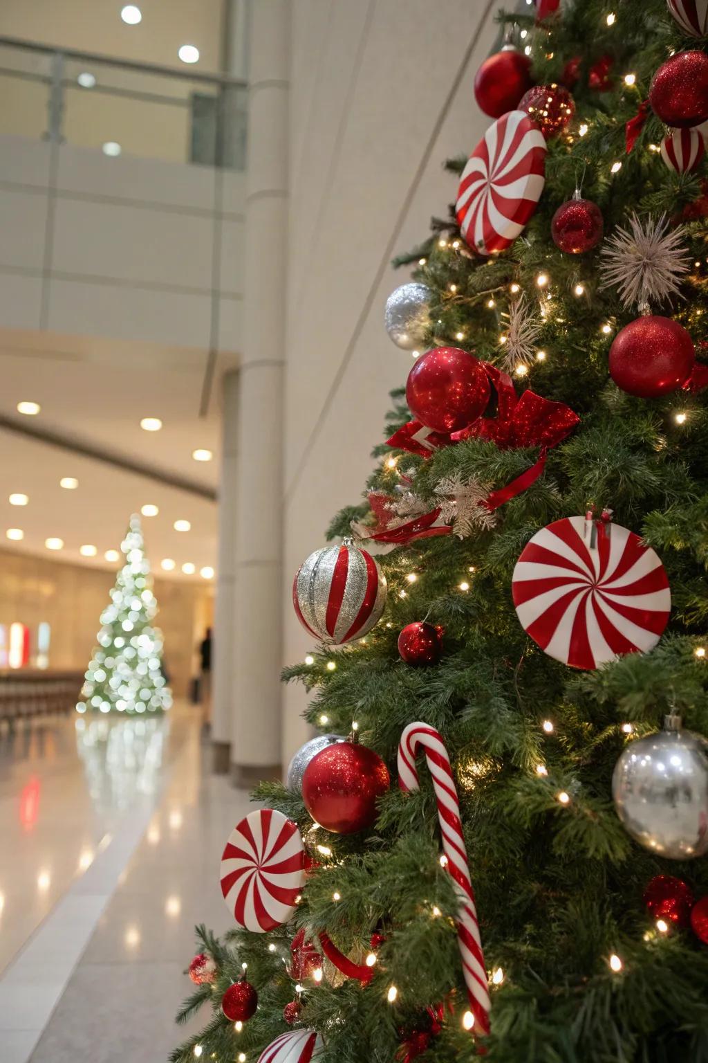Confection stick patterns contribute a playful charm to your tree.