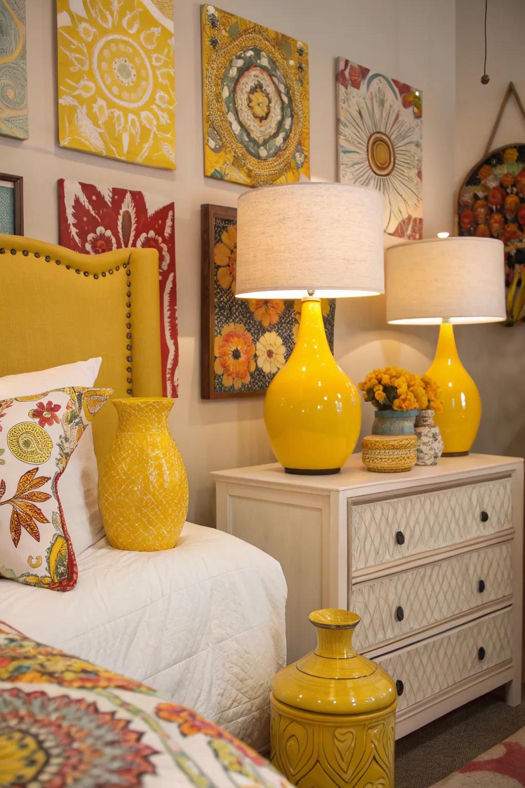 Gold accent ornaments like vases and lamps add energy and vibrancy to the bedroom.
