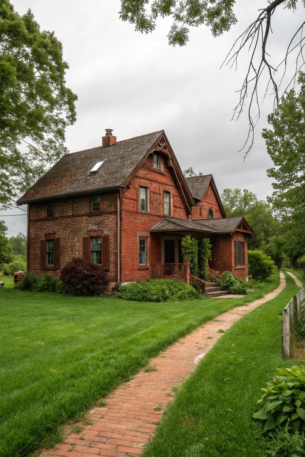 Worn brown trim enhances the natural and earthy look of crimson brick homes.