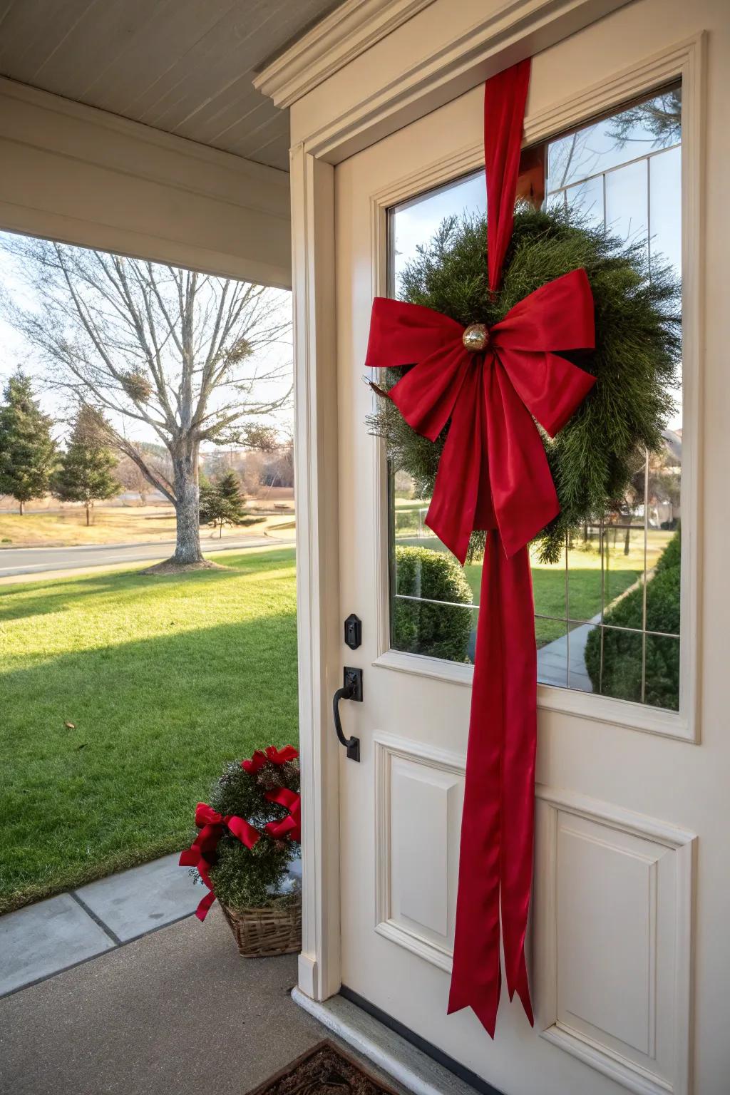 A prominent red door adornment to greet the holidays.