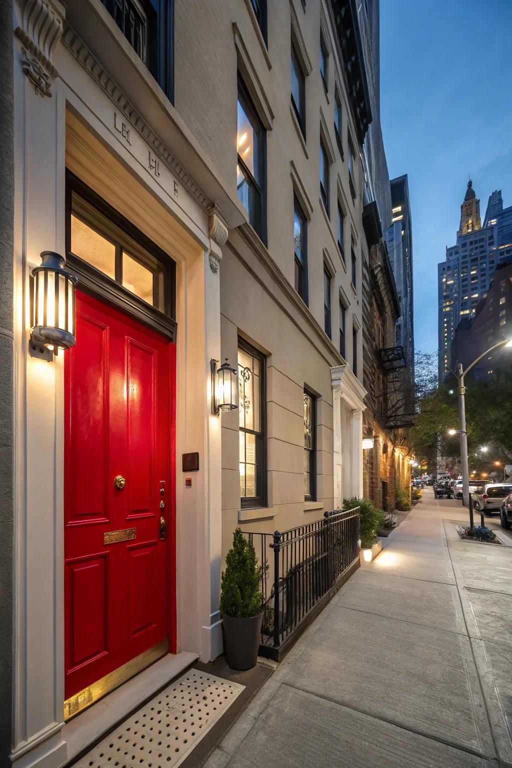 Urban townhouse with a polished scarlet door, epitomizing sophistication.