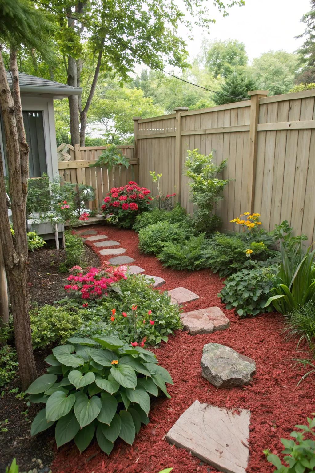 Garnet ground cover delineates small spaces, rendering each garden section feeling unique.