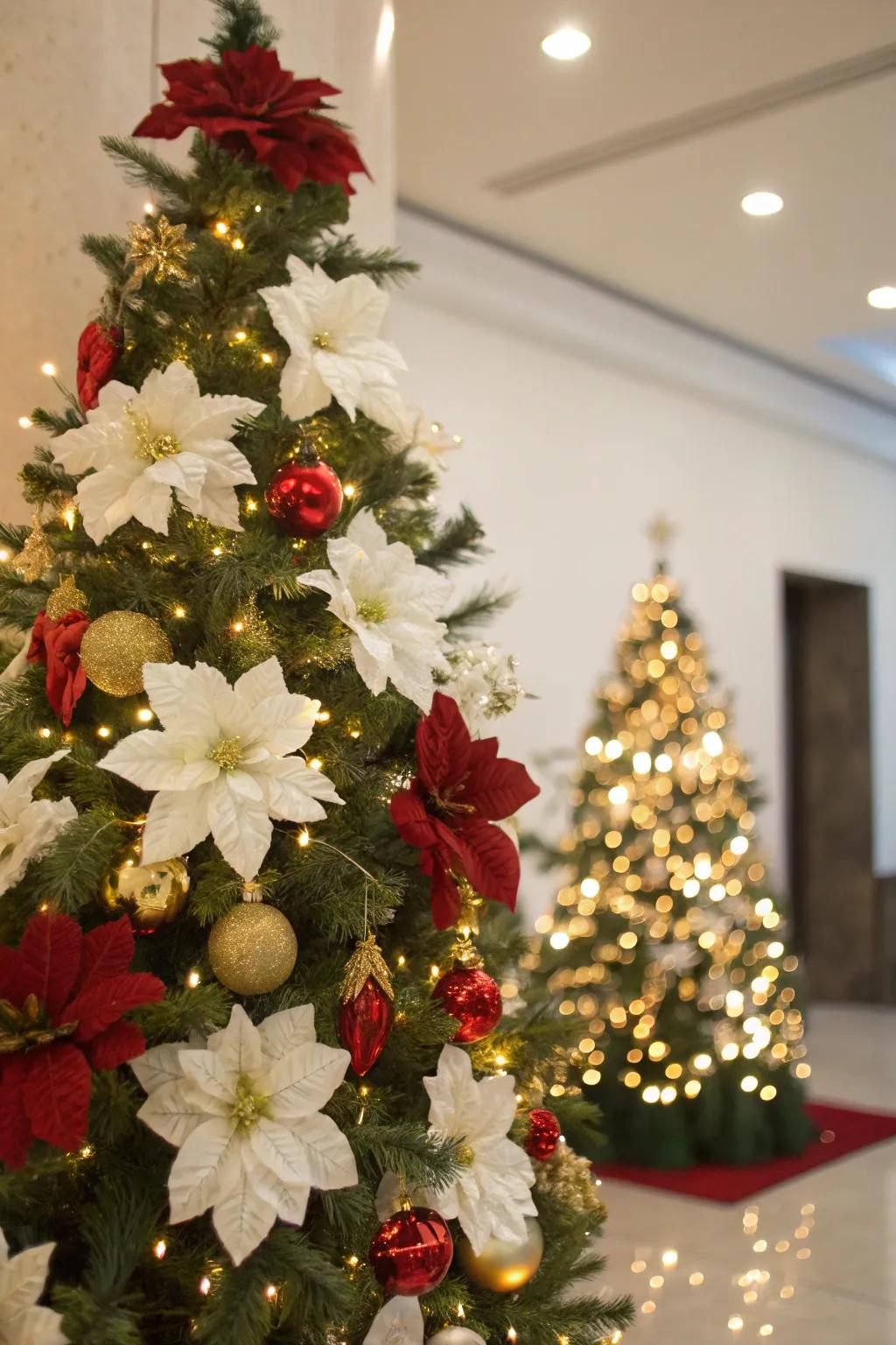 Faux flowers create a rich and elegant floral Christmas tree.