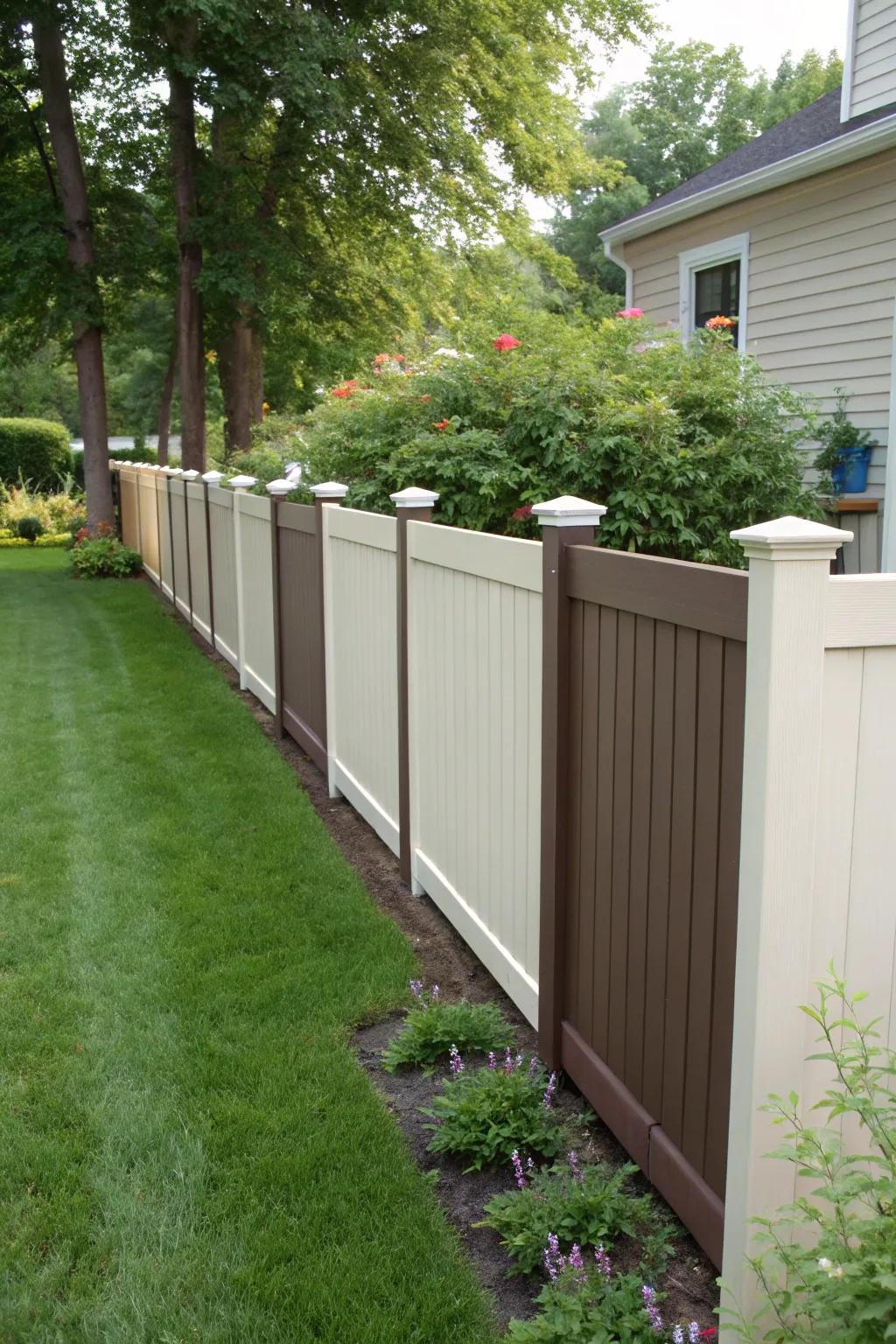 A dual-tone plastic fence delivers a modern touch with its attention-grabbing contrast.