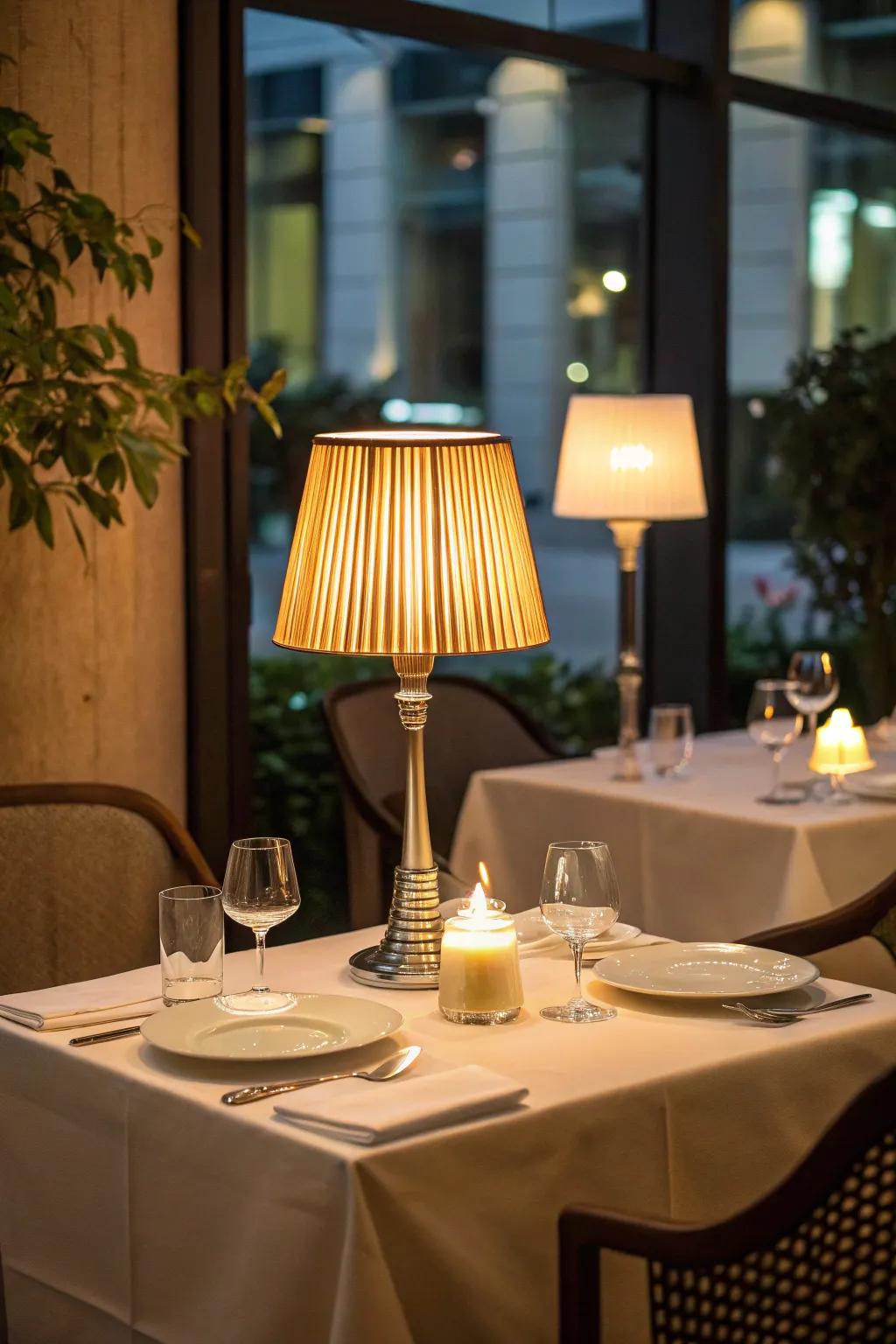 An LED table lamp mimicking candlelight on an intimate restaurant table setting.