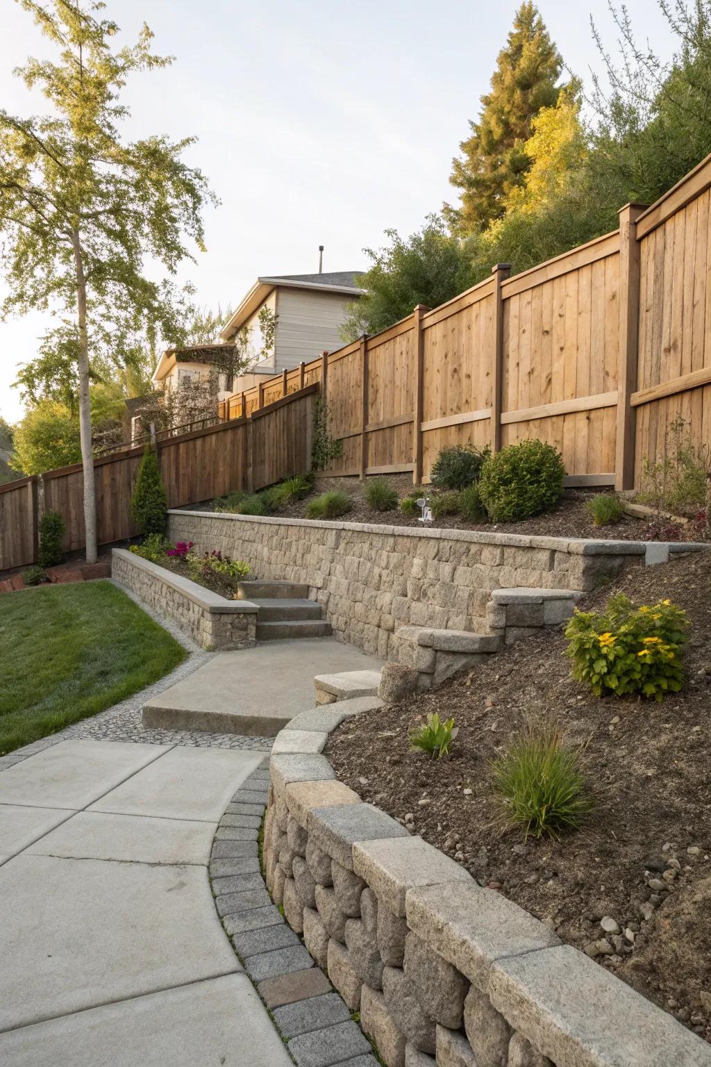 A distinct mix of surfaces in retaining structures and fencing.