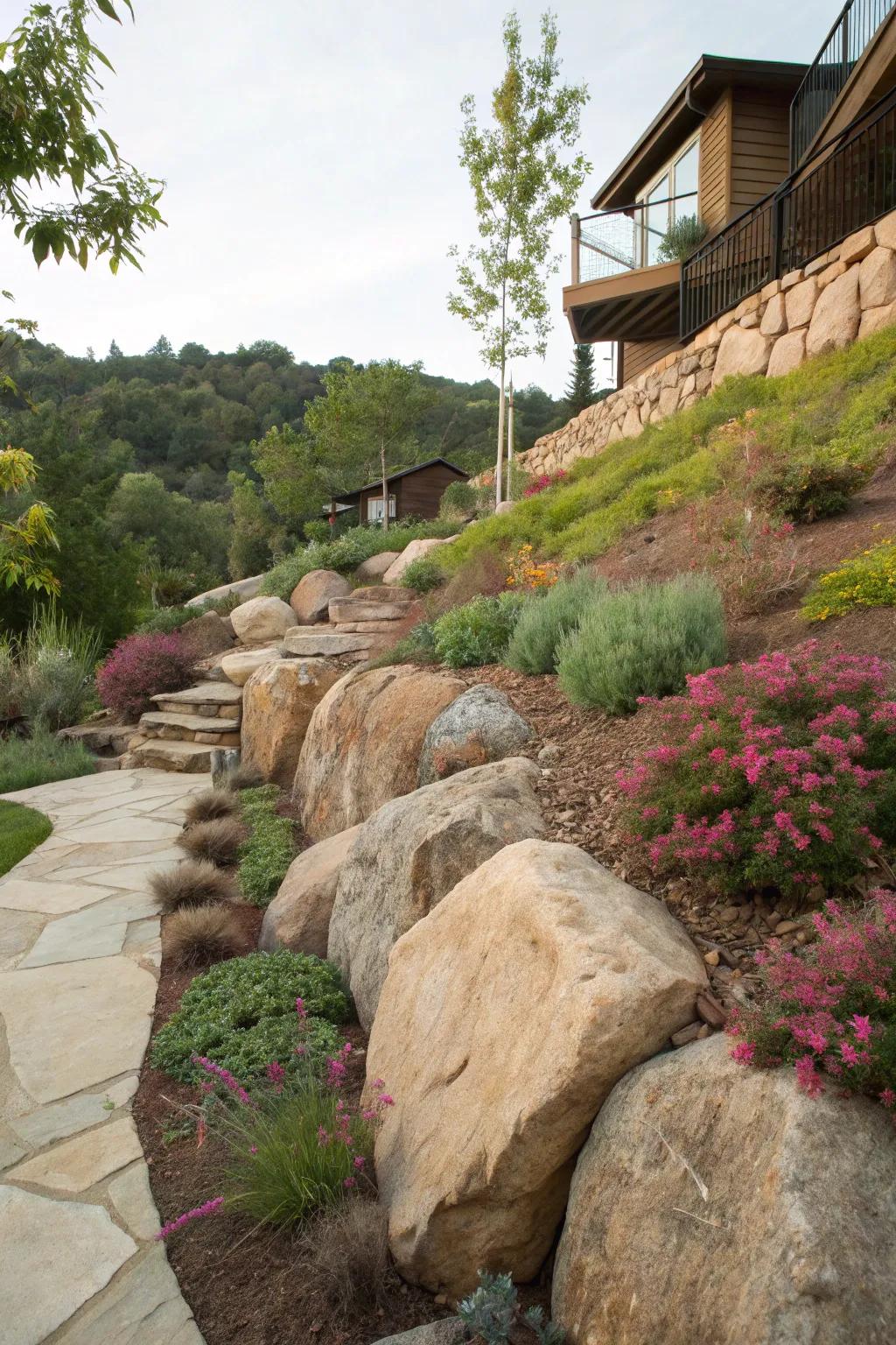 Massive stone structures provide dramatic, natural beauty across any slope.