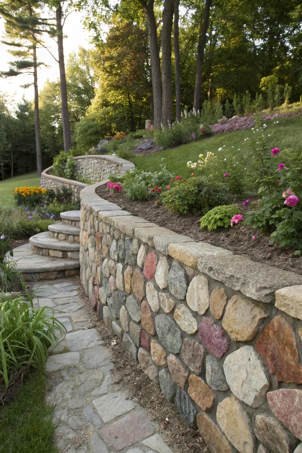 Patchwork stone walls add a playful and colorful element to landscapes.