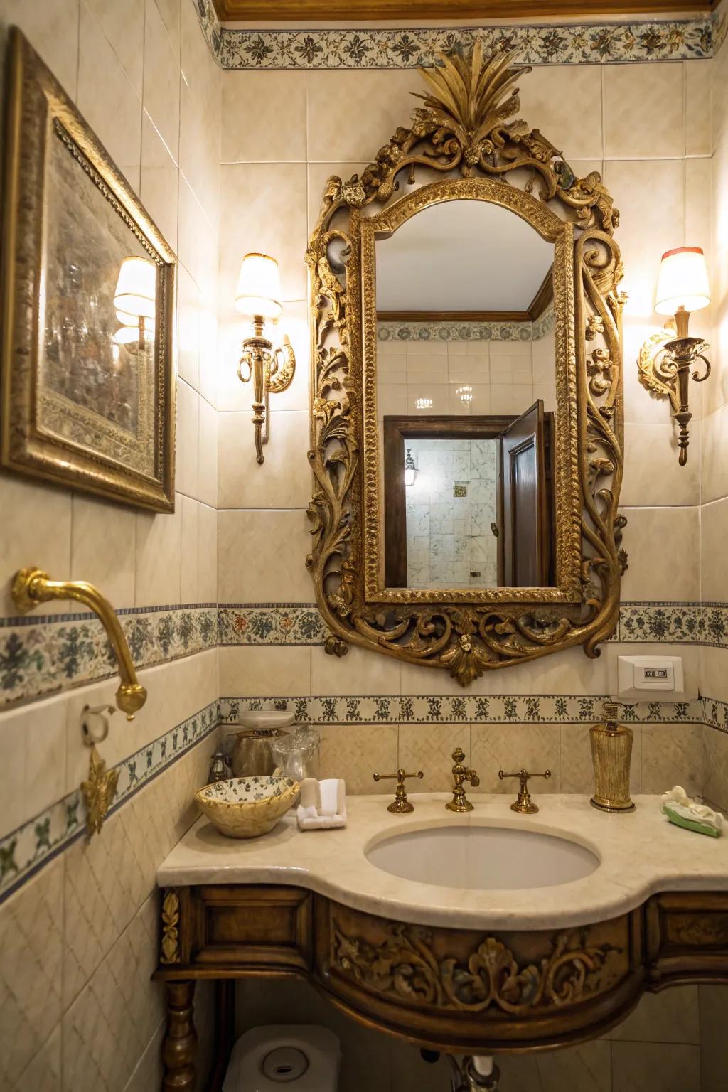 A decorative mirror acts as a stunning focal point in a retro bathroom.