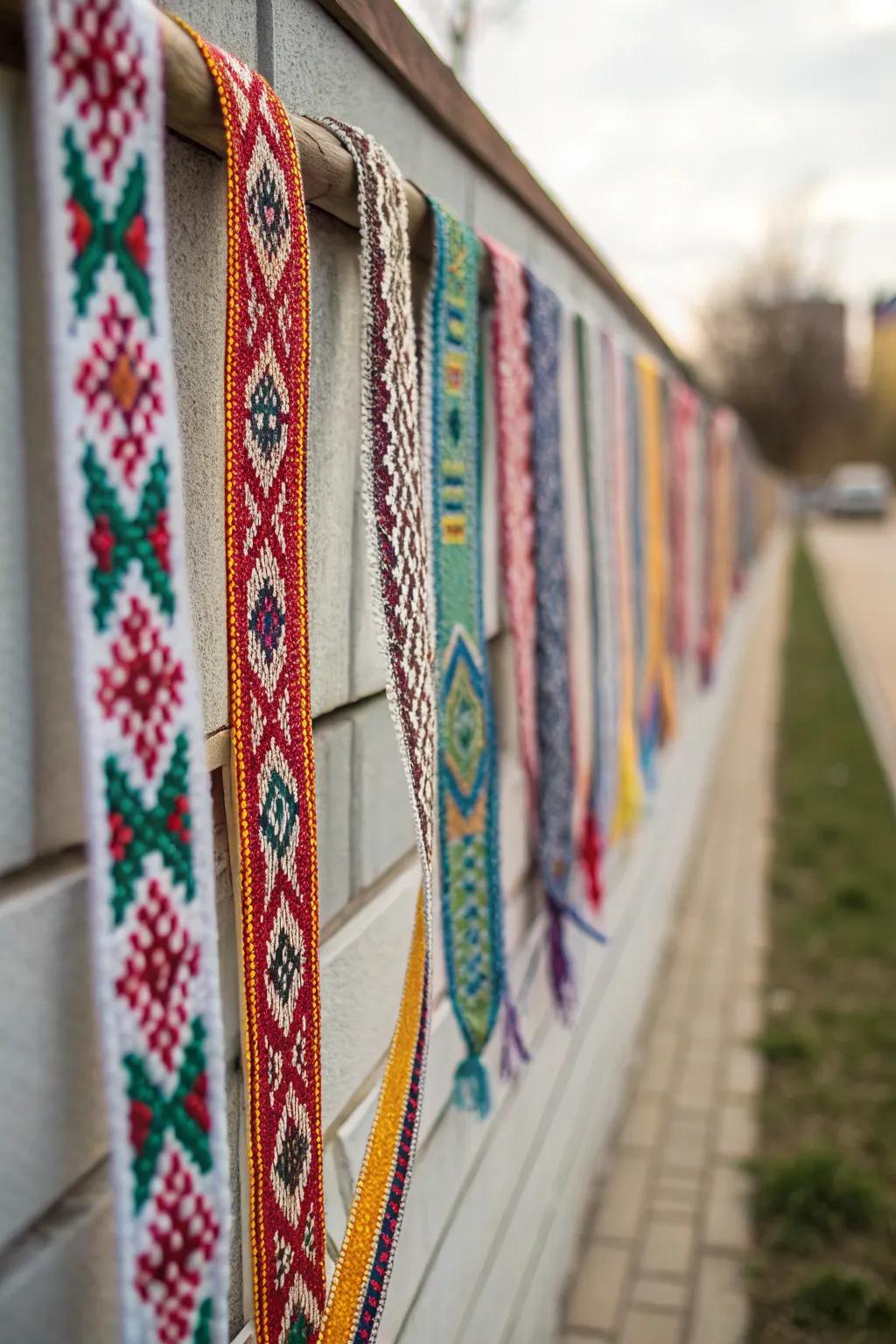 Design a tapestry effect using woven ribbons.
