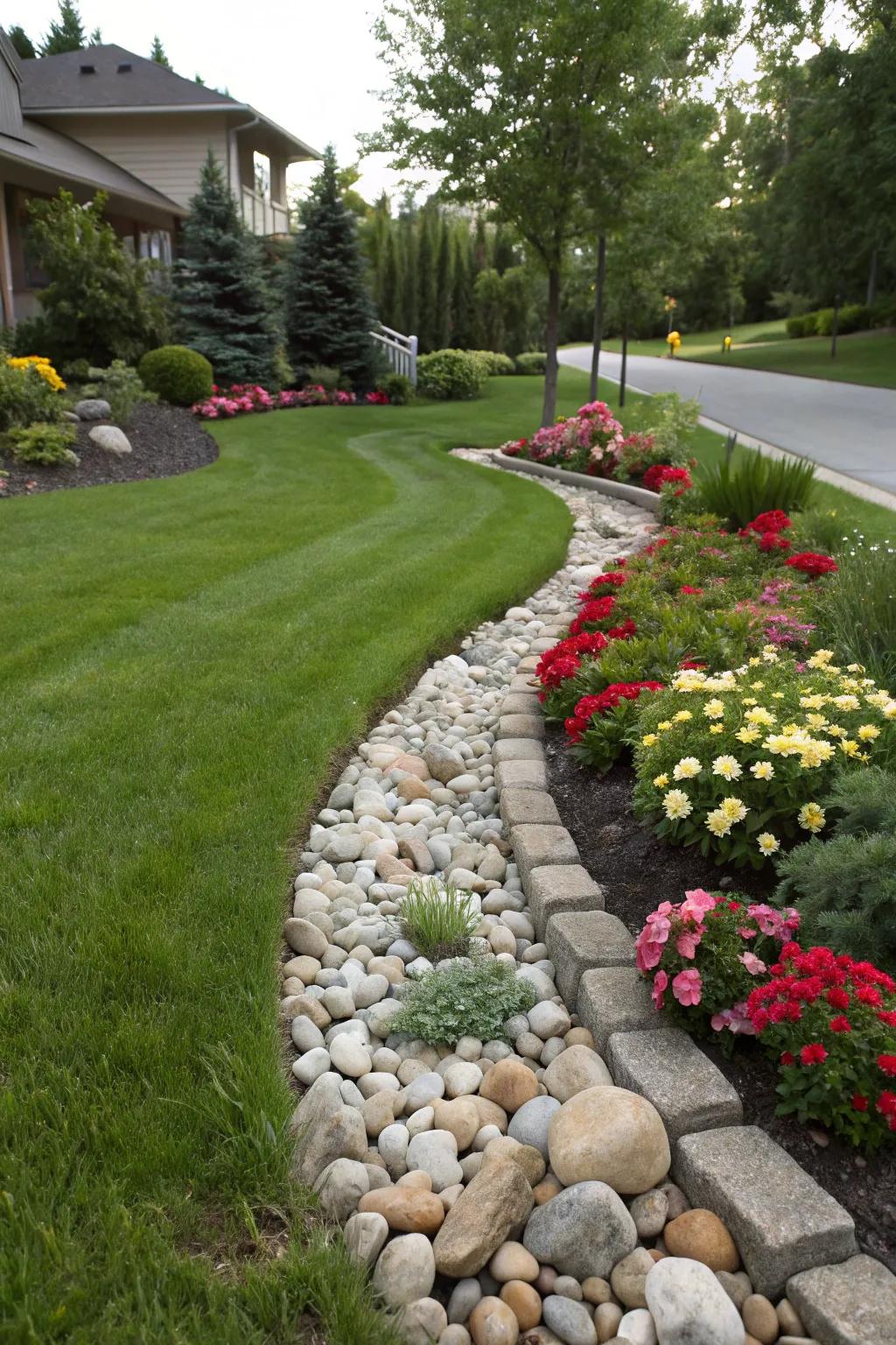Smooth stone edging defines and enhances the beauty of lawn and garden spaces.