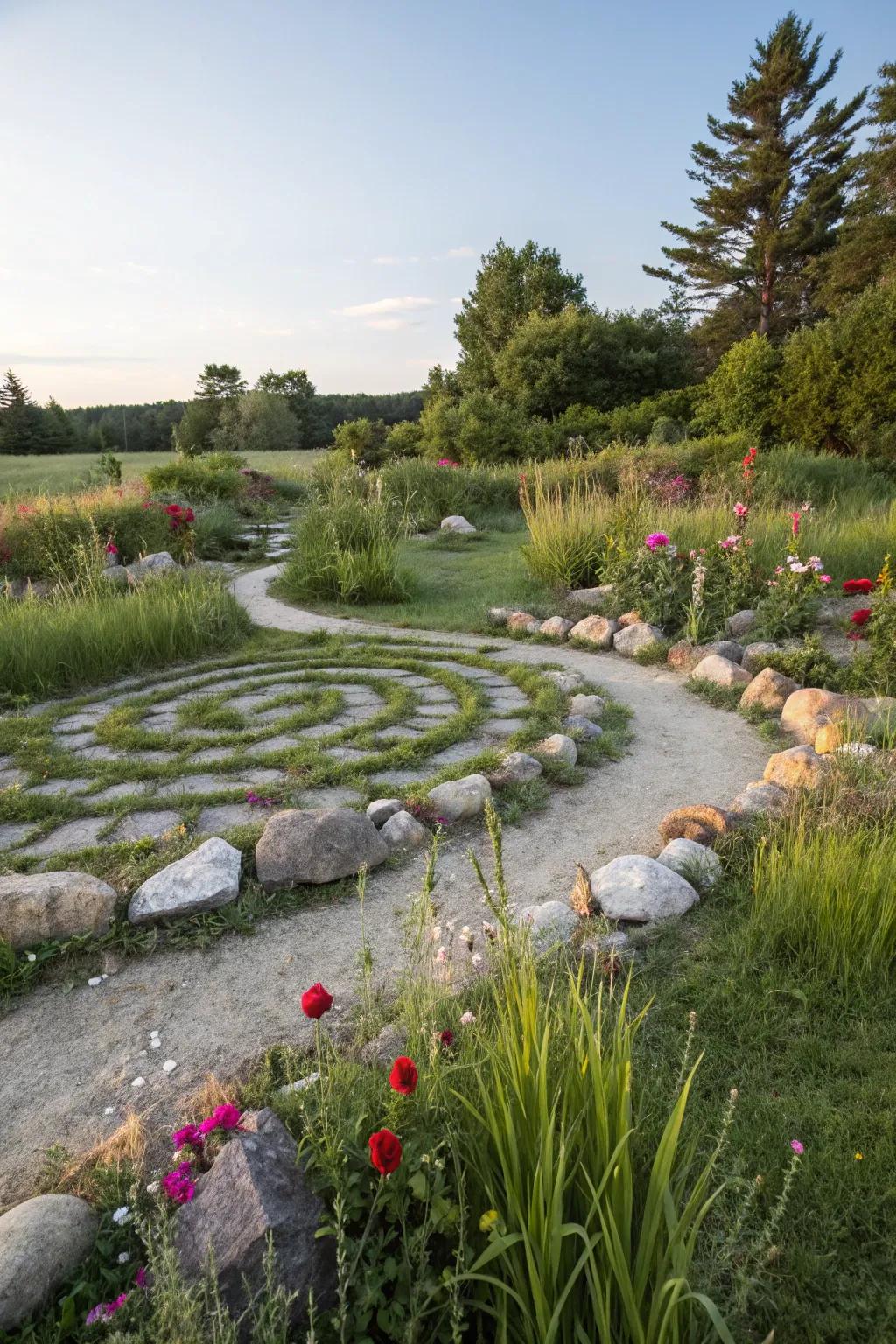 A stone maze brings a meditative and unique touch.