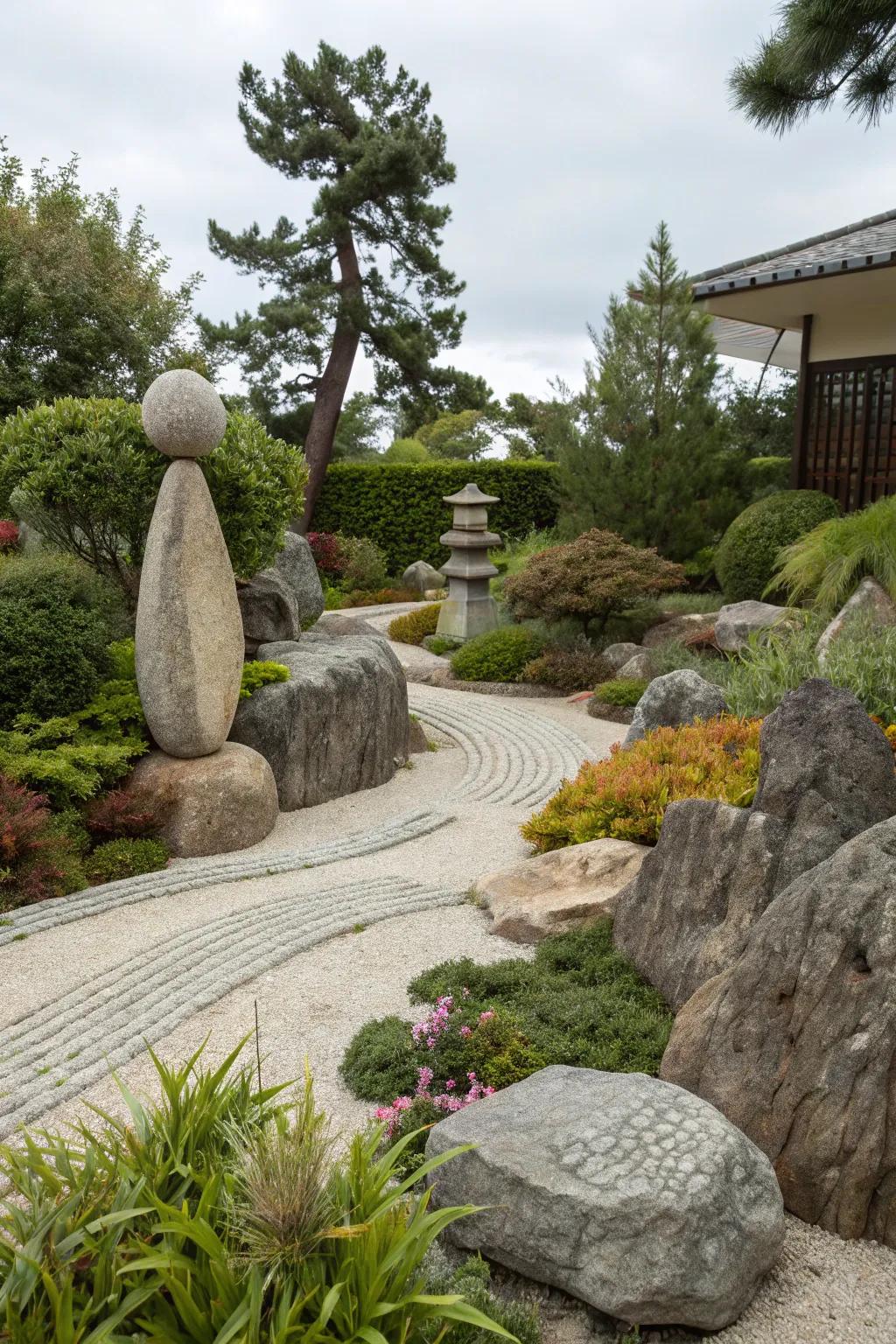 Artistic stone sculptures offer a creative element to a rock garden.