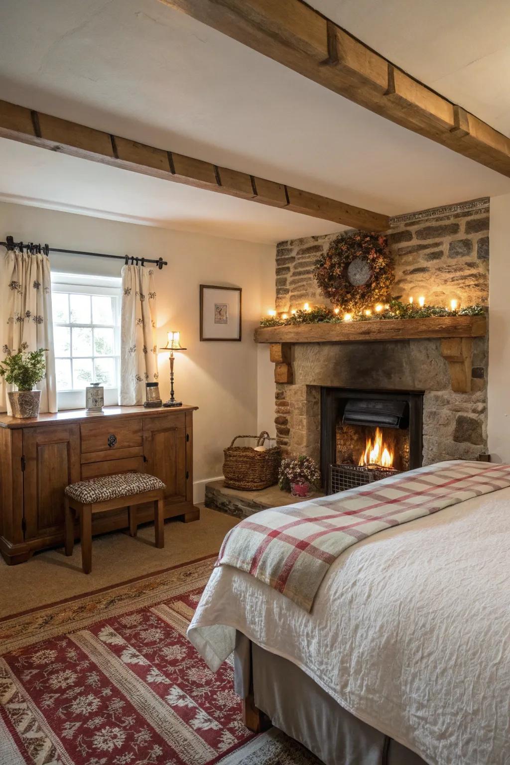 A fireplace offers warmth and romance.