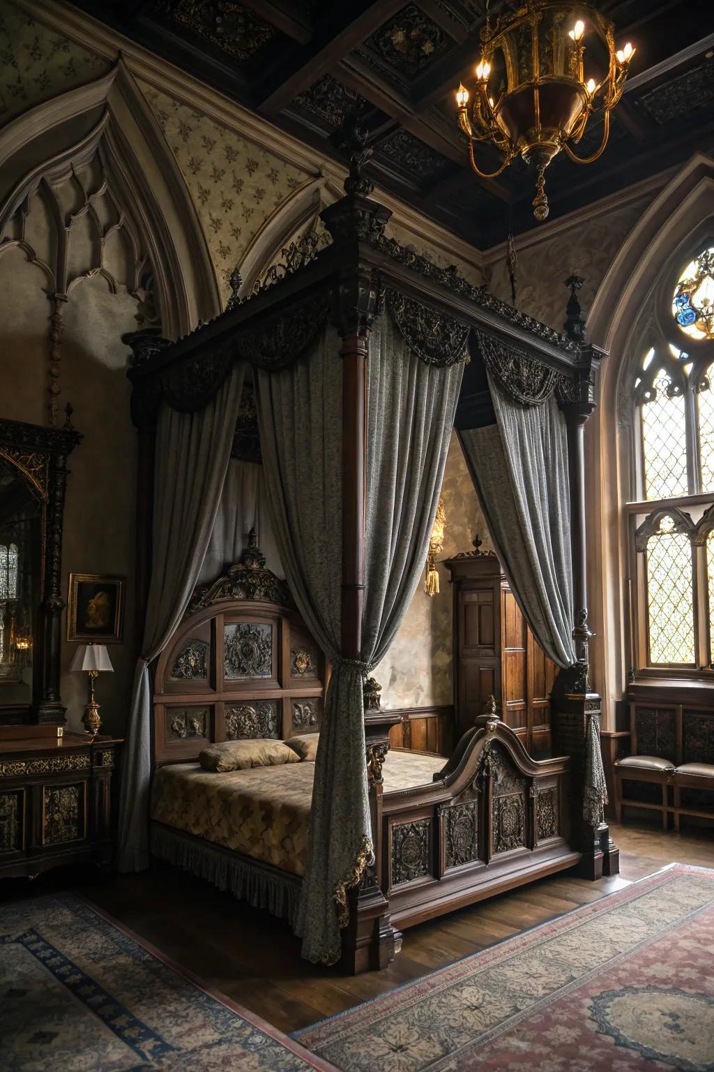 A four-poster bed with flowing fabrics exudes romance and mystery.