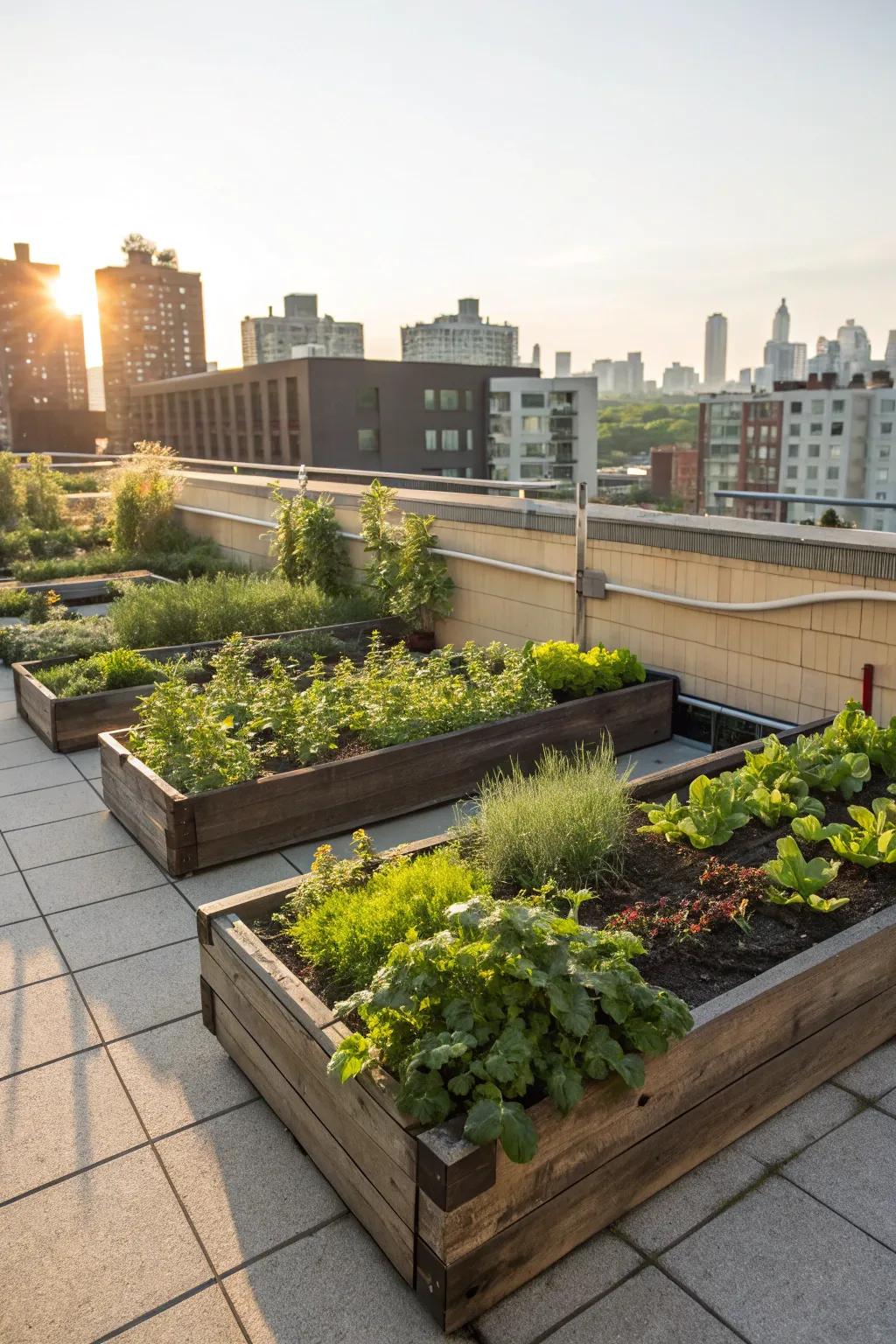 A rooftop garden offers fresh produce and a hint of nature.