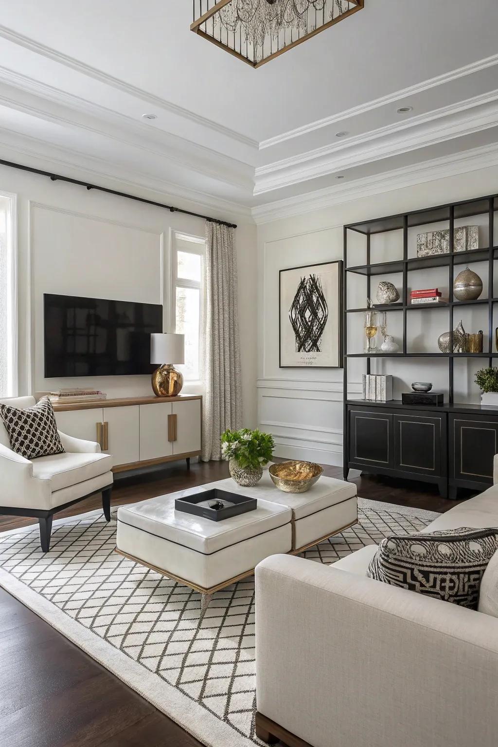 A minimalist living room with high-contrast neutrals and sleek style.
