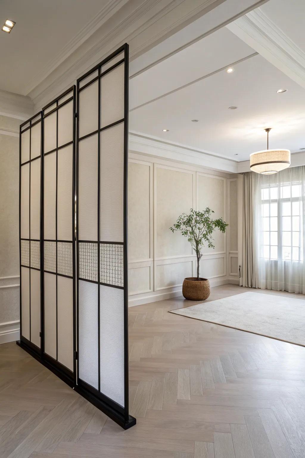 A minimalist space featuring a sleek partial wall divider with uncluttered lines.