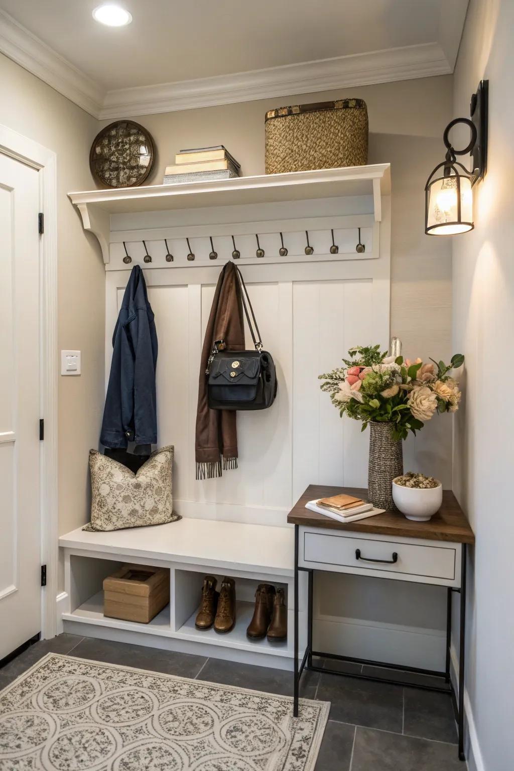 A designated drop zone maintains an organized and clutter-free entry.