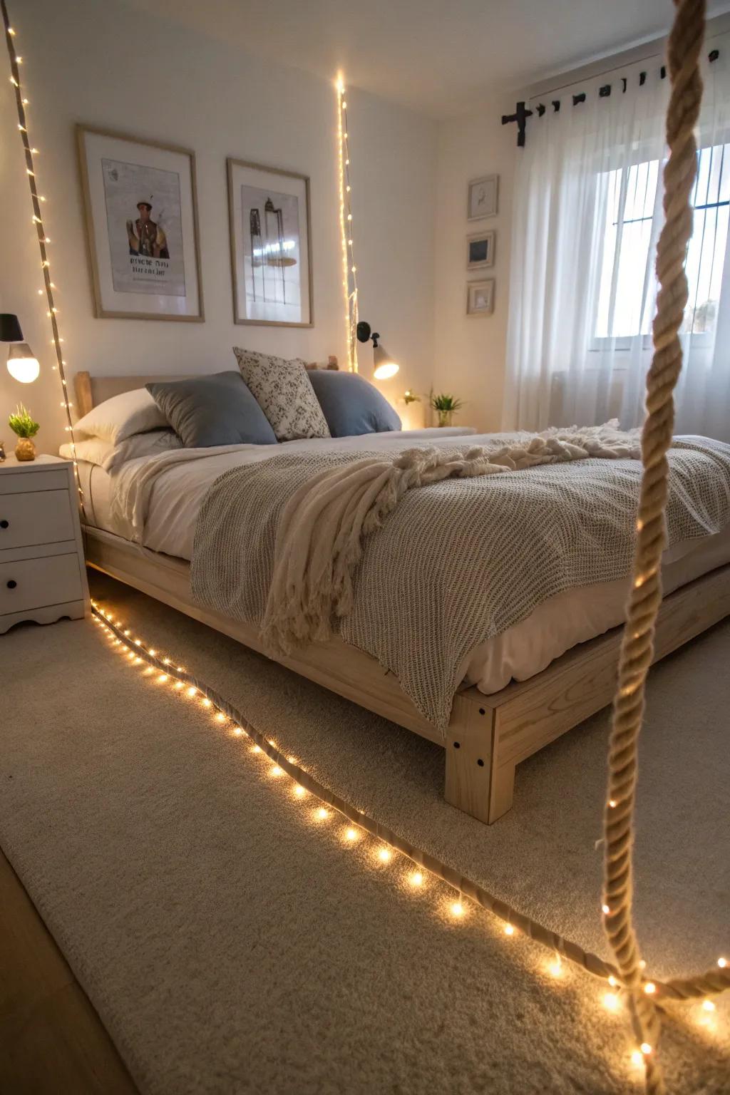 Add a dreamy glow to your bedroom with under-bed light strands.