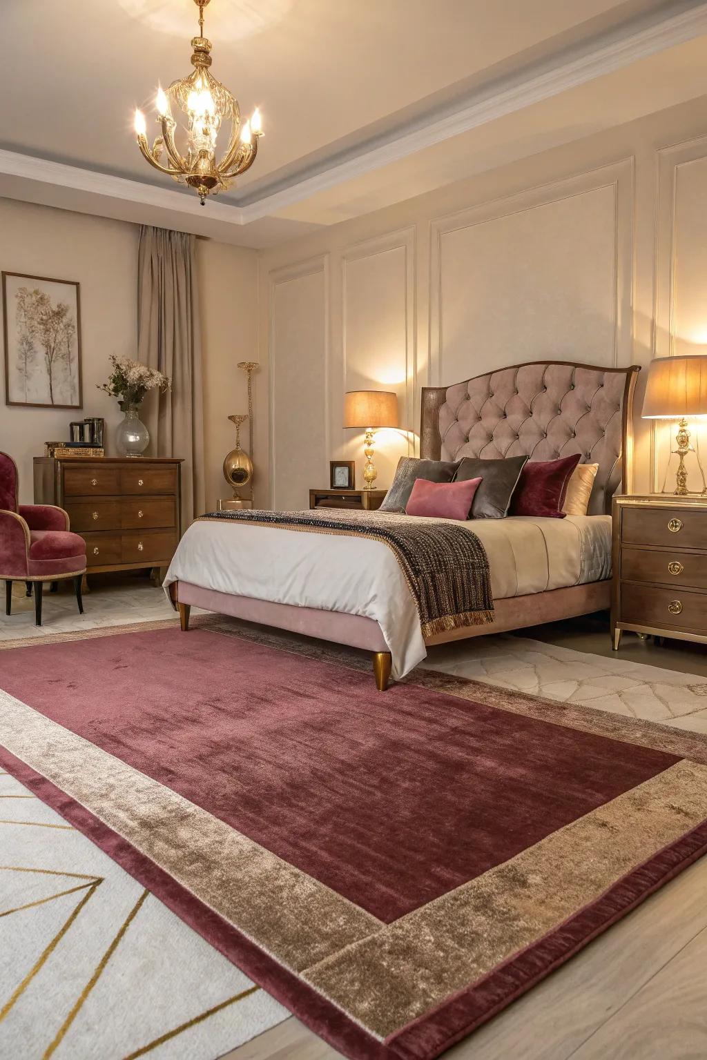 A wine and pink-tinted gold rug anchors the room and adds cozy texture.